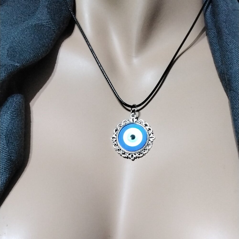 Vintage Style Glass Evil Eye Silver Tone Pendant on Black Cord Necklace
